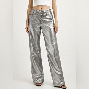 Mango Metallic Gray Wide-Leg Pants